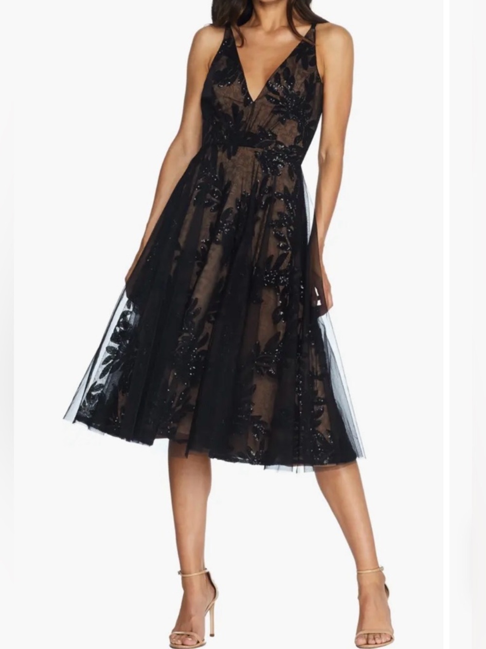 Dress the Population Courtney Sequin Lace Cocktail Dress in Black & Nude size L